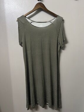 Striped Olive Green Open Shoulder Dress | Large